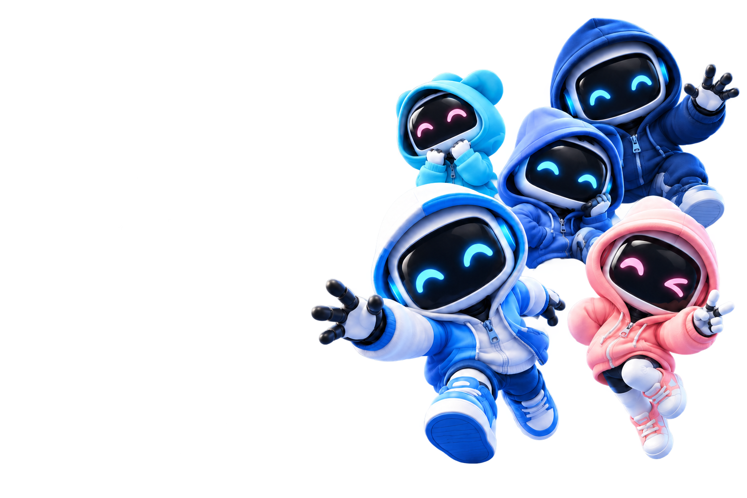 Five smiling Wurkees robots in blue, cyan, and pink hoodies, ready to join your team